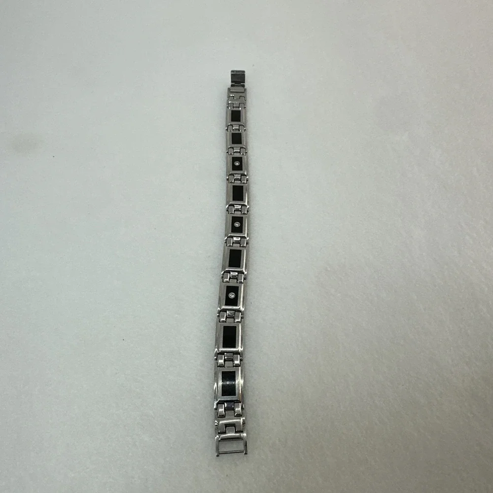 Men's Stainless Steel Link Bracelet Black Inlay Silver Tone 8.5